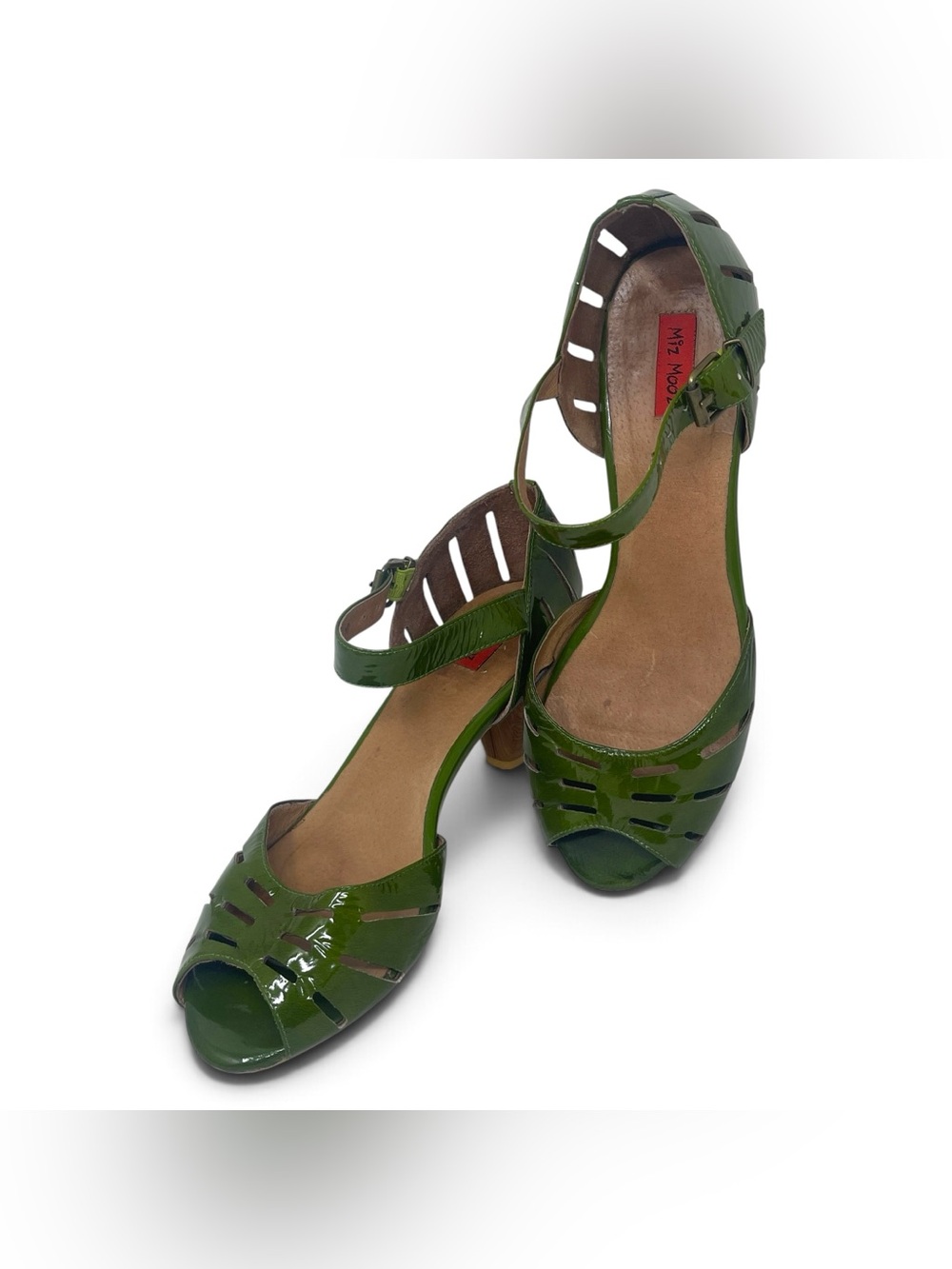Miz Mooz Olive Green Patent Leather Peep-Toe Ankle-Strap Heels